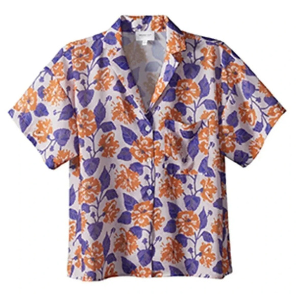 NWT WHO WHAT WEAR Women's Resort Shirt - Pressed Floral - Lilac/Marigold- Size M - Picture 1 of 10